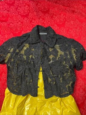Black Market Black Lace Overlay Cropped Top Sheer Button Front